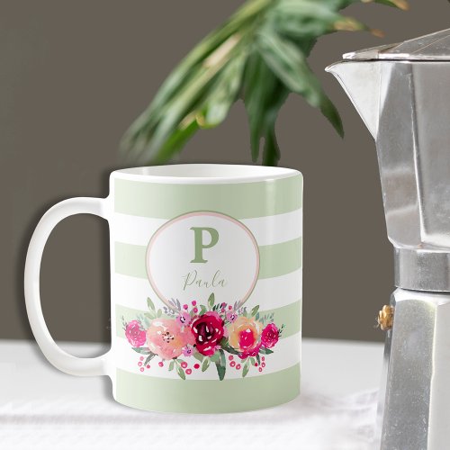 Hot Pink Watercolor Floral Monogram on Mint Stripe Coffee Mug