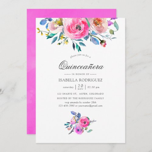 Hot_Pink Watercolor Floral Quinceaera Invitation
