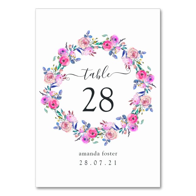 Hot-Pink Watercolor Floral Table Number (Front)