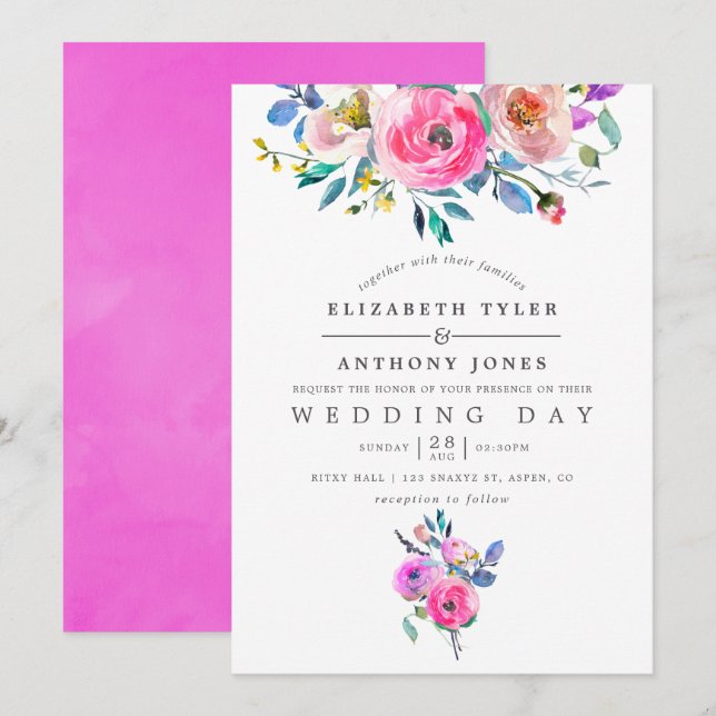 Hot-Pink Watercolor Floral Wedding Invitation (Front/Back)