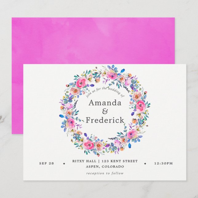 Hot-Pink Watercolor Floral Wedding Invitation (Front/Back)