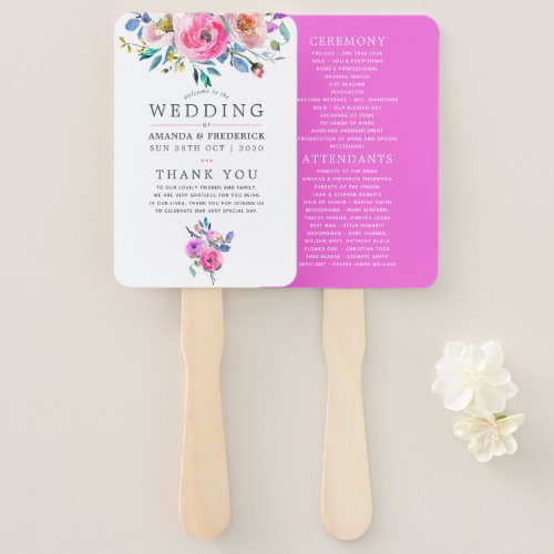 Hot_Pink Watercolor Floral Wedding Program Hand Fan