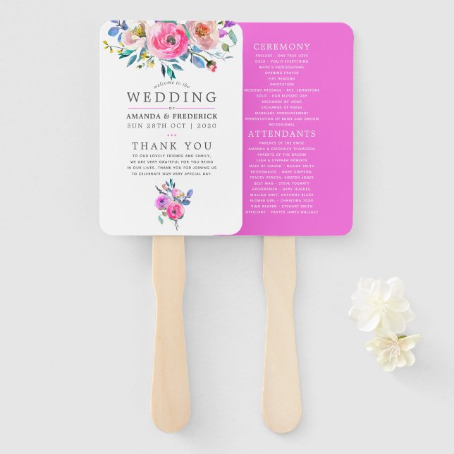 Hot-Pink Watercolor Floral Wedding Program Hand Fan (Front and Back)