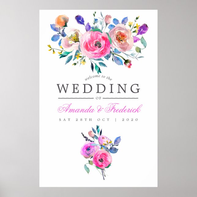 Hot-Pink Watercolor Floral Wedding Welcome Poster (Front)