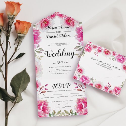 Hot pink watercolor flowers fall wedding all in one invitation