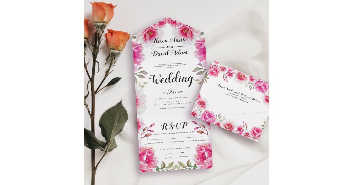 Hot pink watercolor flowers fall wedding all in one invitation | Zazzle