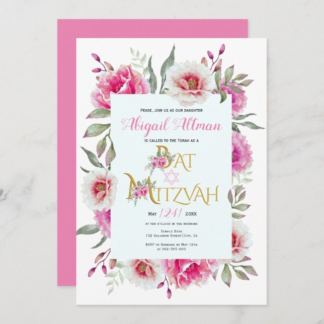 Hot pink watercolor flowers floral Bat Mitzvah Invitation (Front/Back)