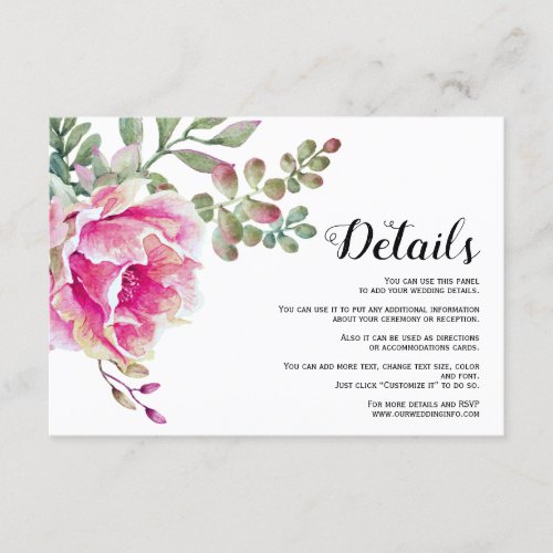 Hot pink watercolor flowers floral wedding details enclosure card