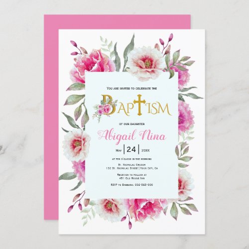 Hot pink watercolor flowers girl floral baptism invitation