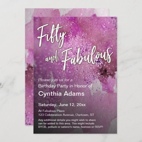 Hot Pink Watercolor Glitter Fifty and Fabulous Invitation