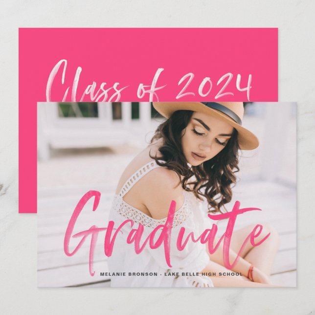 Hot Pink Watercolor Lettering Photo Graduation Invitation (Front/Back)