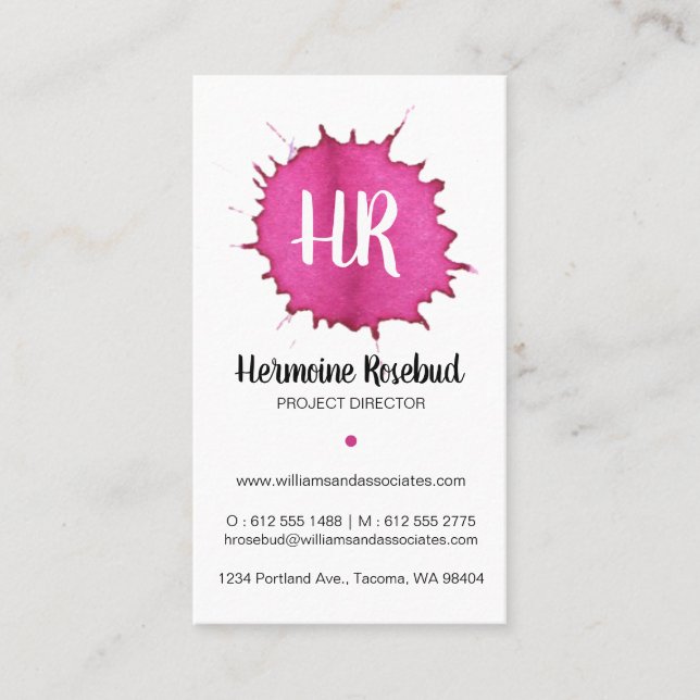 Hot Pink Watercolor - Monogram Business Card (Front)
