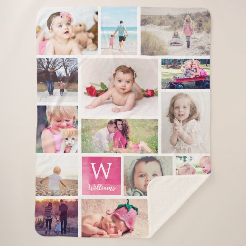 Hot Pink Watercolor Monogrammed Photo Collage Sherpa Blanket