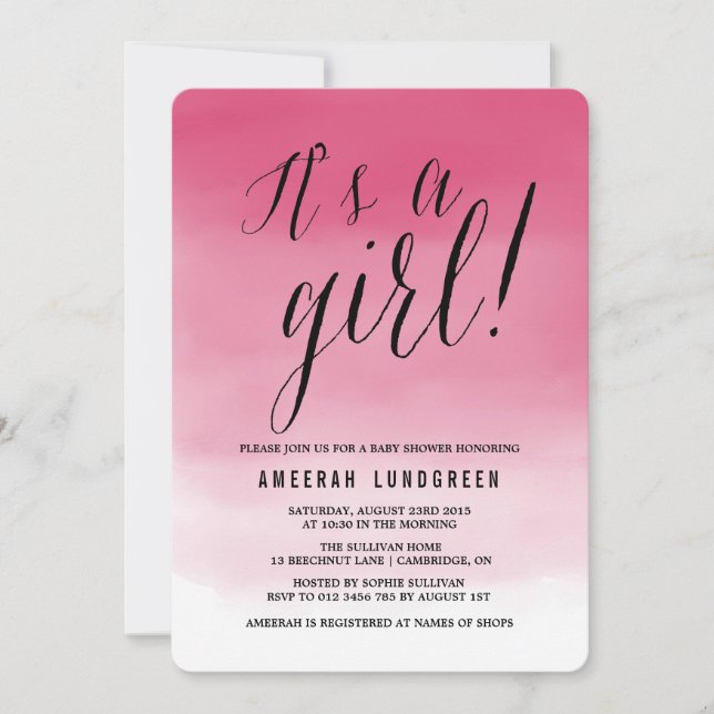 Hot Pink Watercolor Ombre Baby Shower Invitation (Front)
