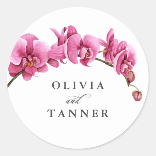 Hot Pink Watercolor Orchids Tropical Wedding Classic Round Sticker