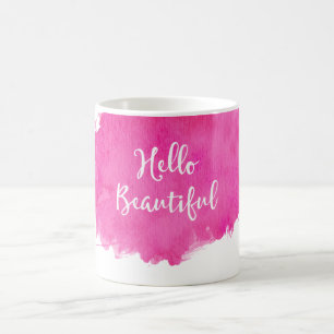 Hot Pink Watercolor Paint Splatter Hello Beautiful Coffee Mug
