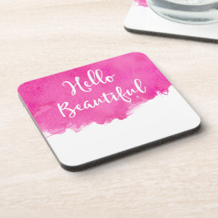 Hot Pink Watercolor Paint Splatter Hello Beautiful Drink Coaster