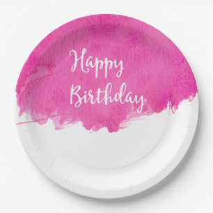 Hot Pink Watercolor Paint Swatch Birthday Paper Plates
