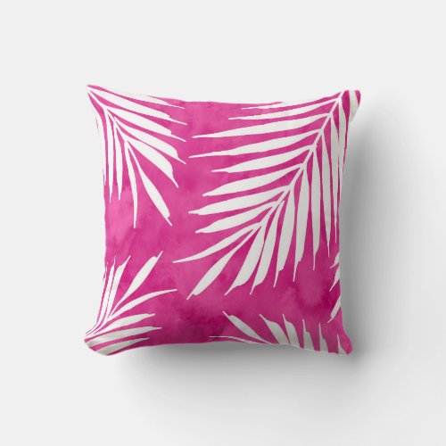 Hot Pink Watercolor Palm Fronds Throw Pillow