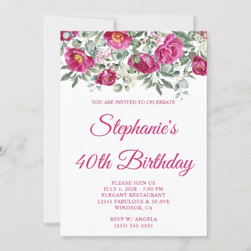 Hot Pink Watercolor Peonies 40th Birthday Invitation
