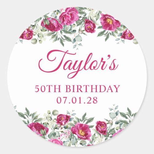 Hot Pink Watercolor Peonies 50th Birthday Classic Round Sticker