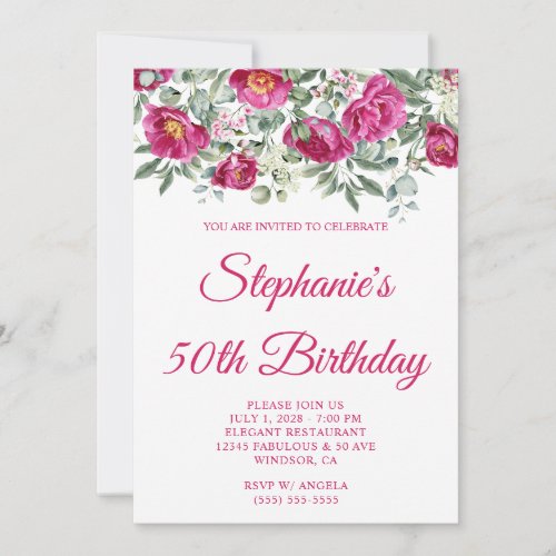 Hot Pink Watercolor Peonies 50th Birthday Invitation