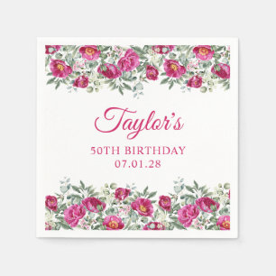 Hot Pink Watercolor Peonies 50th Birthday Napkins