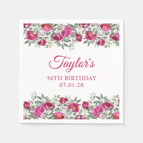 Hot Pink Watercolor Peonies 50th Birthday Napkins