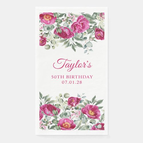 Hot Pink Watercolor Peonies 50th Birthday Paper Guest Towels