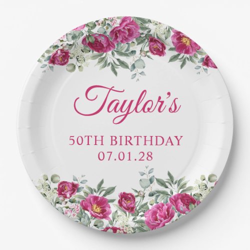 Hot Pink Watercolor Peonies 50th Birthday Paper Plates