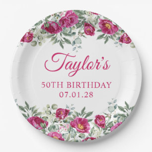 Hot Pink Watercolor Peonies 50th Birthday Paper Plates
