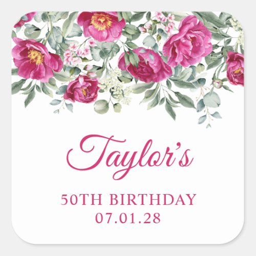 Hot Pink Watercolor Peonies 50th Birthday Square Sticker