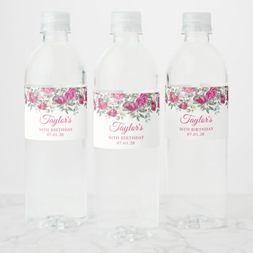 Hot Pink Watercolor Peonies 50th Birthday Water Bottle Label