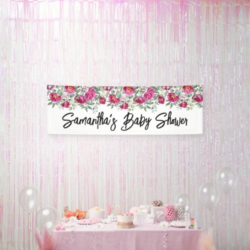 Hot Pink Watercolor Peonies Baby Shower Long Banner