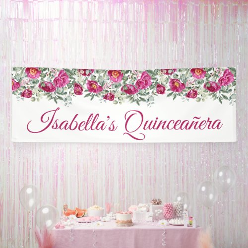 Hot Pink Watercolor Peonies Elegant Quinceanera Banner