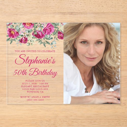 Hot Pink Watercolor Peonies Photo 50th Birthday Acrylic Invitations