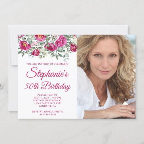 Hot Pink Watercolor Peonies Photo 50th Birthday Invitation