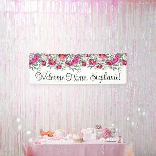 Hot Pink Watercolor Peonies Welcome Home Long Banner