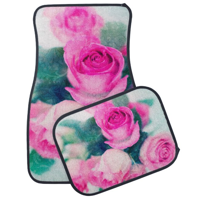Hot Pink Watercolor Roses Car Floor Mat (Set)