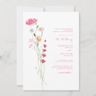 Hot Pink Watercolor Wildflower Modern Wedding Invitation