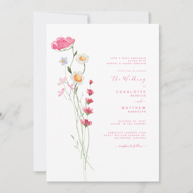 Hot Pink Watercolor Wildflower Modern Wedding Invitation (Front)