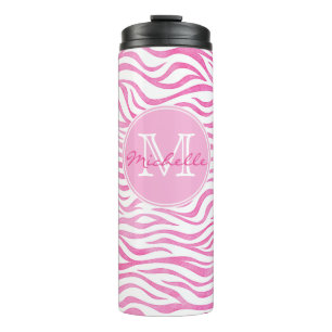 Hot Pink Watercolor Zebra Print Monogram Thermal Tumbler