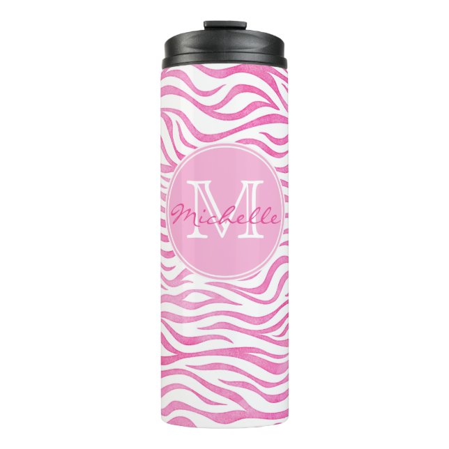 Hot Pink Watercolor Zebra Print | Monogram Thermal Tumbler (Front)