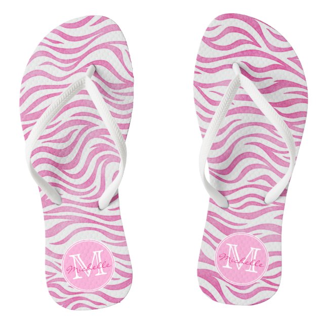 Hot Pink Watercolor Zebra Print | Personalized Flip Flops (Footbed)