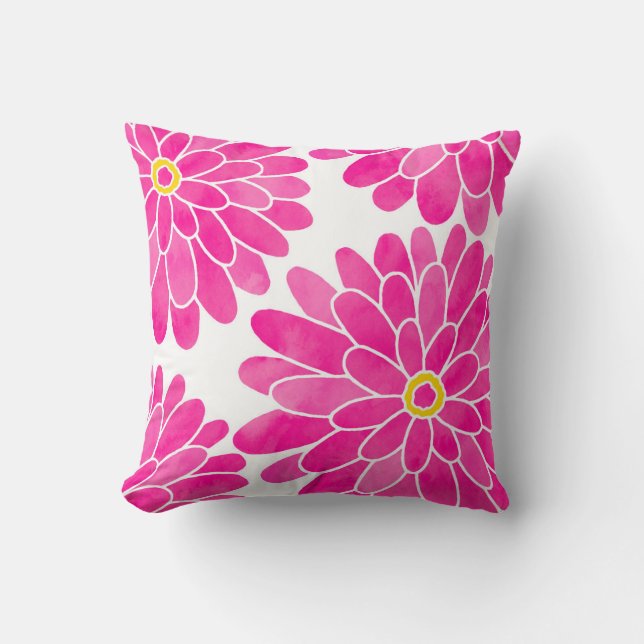 Hot Pink Watercolor Zinnias Throw Pillow (Front)