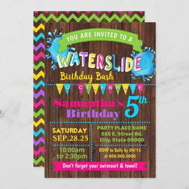 Hot Pink waterslide birthday summer bash party Invitation (Front/Back)