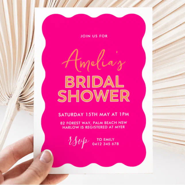 Hot Pink Wave Curve Modern Bright Bridal Shower Invitation | Zazzle