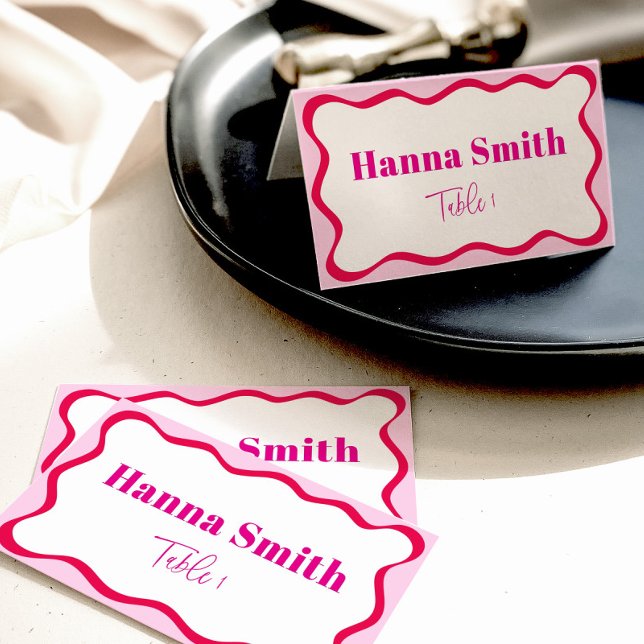 Hot Pink Wavy Border Bridal Name Seating Place Card (Hot pink wavy border name cards for table seating)