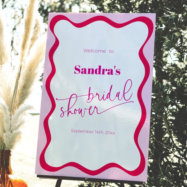 Hot Pink Wavy Border Bridal Shower Welcome Sign (Hot pink wavy border welcome sign for bridal shower)
