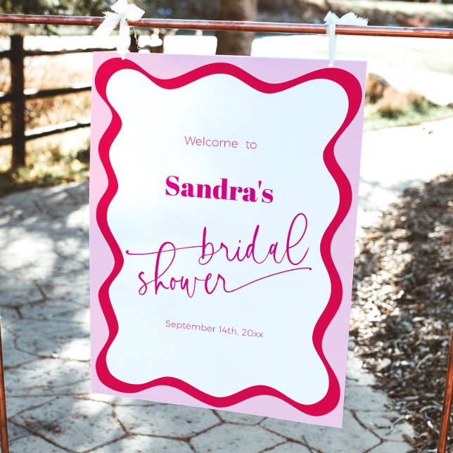 Hot Pink Wavy Border Bridal Shower Welcome Sign (Hot pink wavy border welcome sign for bridal shower)